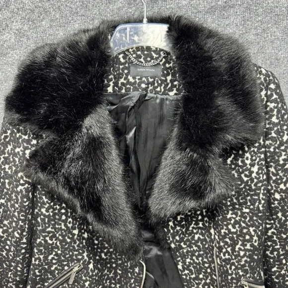 Karen Millen Leopard Print Faux Fur Collar Moto Jacket Women Black White Size 10